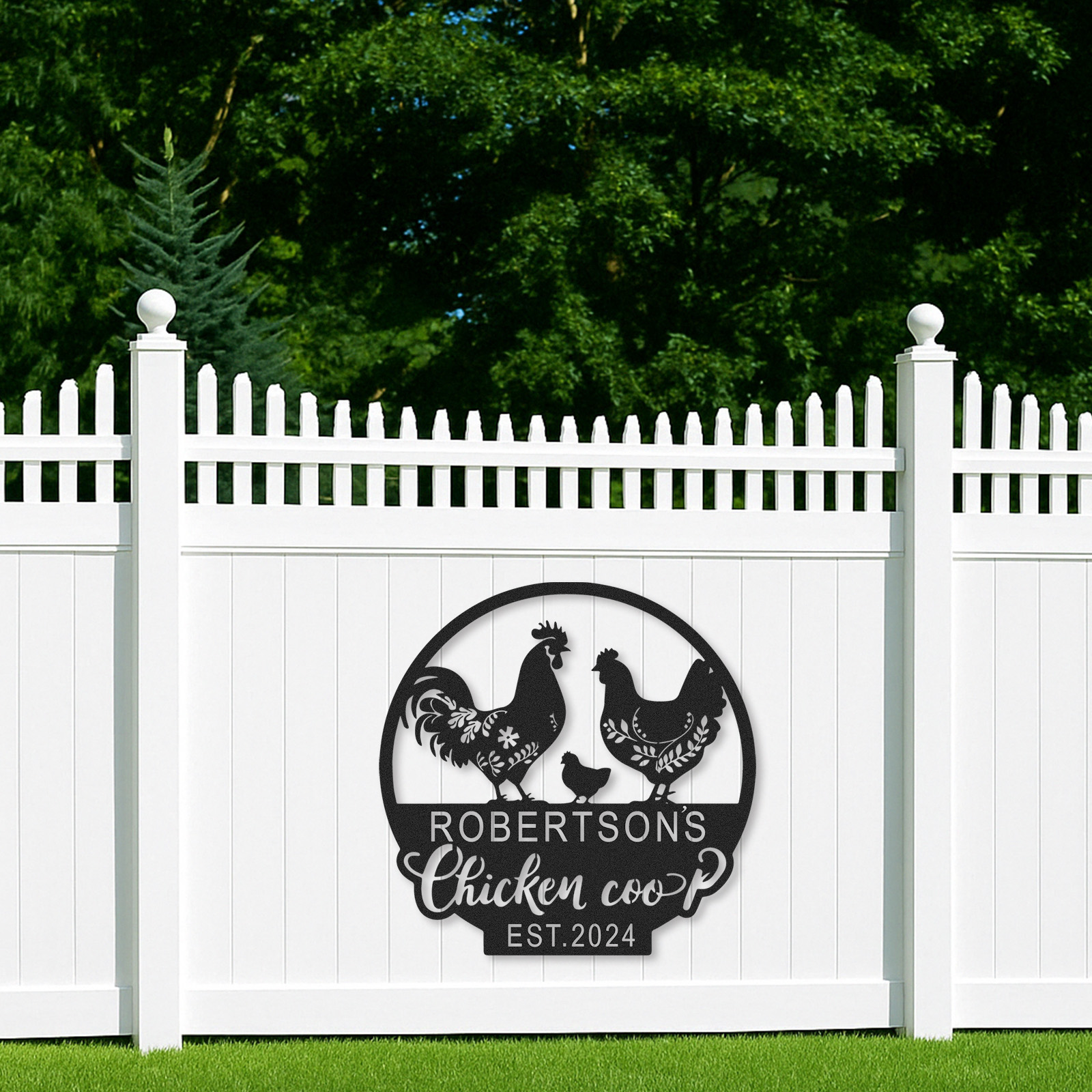 Custom Chicken Coop Sign with Rooster and Hen Design, Personalized Farmhouse Decor with Name and Est. Year