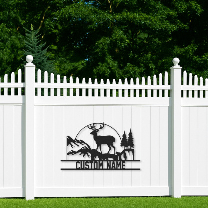 Deer Cabin Metal Sign, Custom Mountain Scene Wall Art, Personalized Hunting Lodge Name Sign