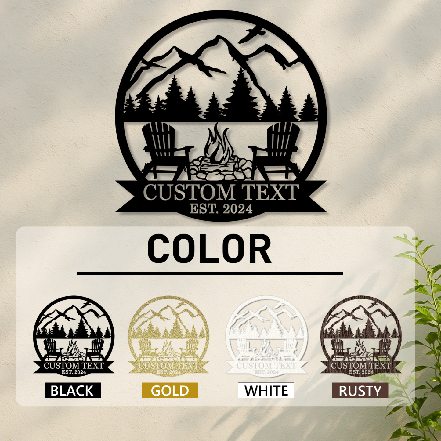 Custom BBQ Grill Metal Sign, Personalized Dad’s Backyard Firepit Wall Art with Mountains and Chairs, Outdoor Gift for Father's Day