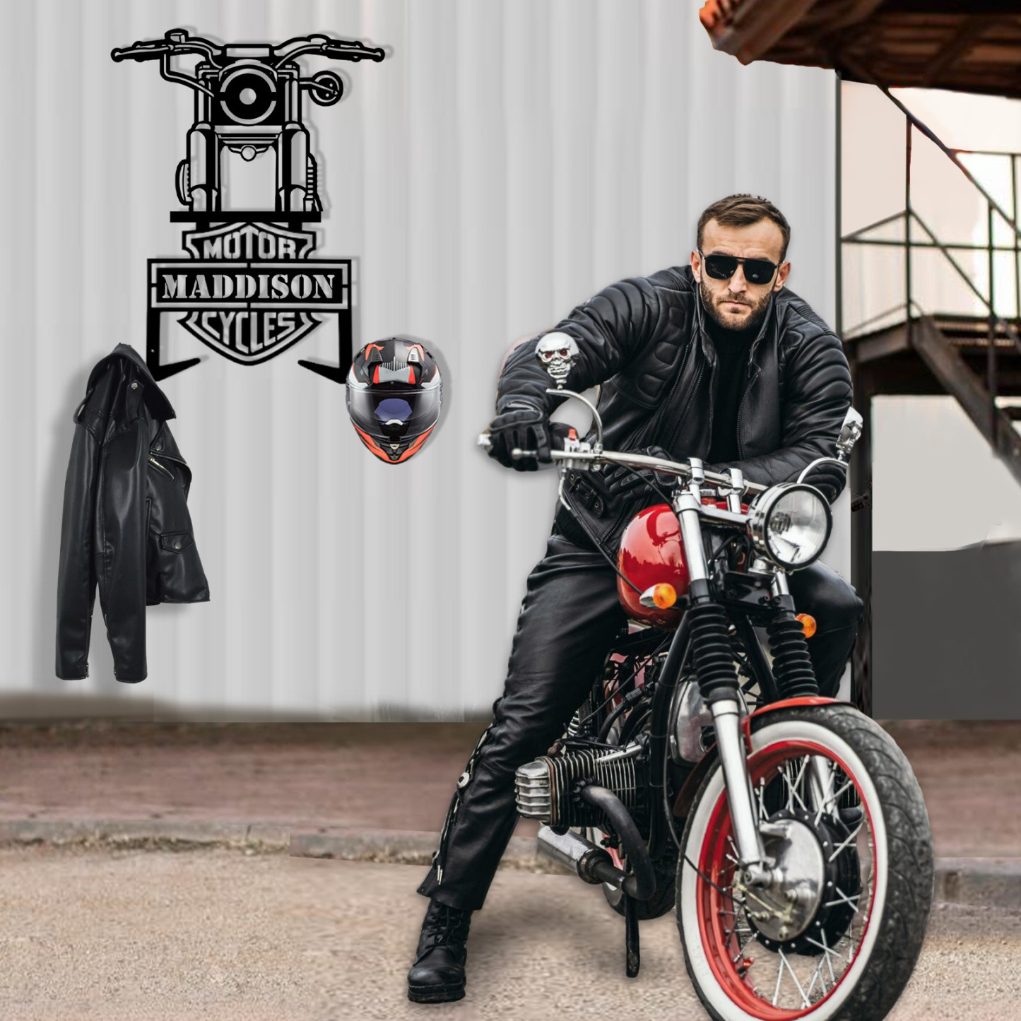 Custom Motorcycle Front View Helmet Holder Wall Mount, Personalized Name Metal Rack with Hooks, Garage Decor for Biker Helmets, Jackets and Coats