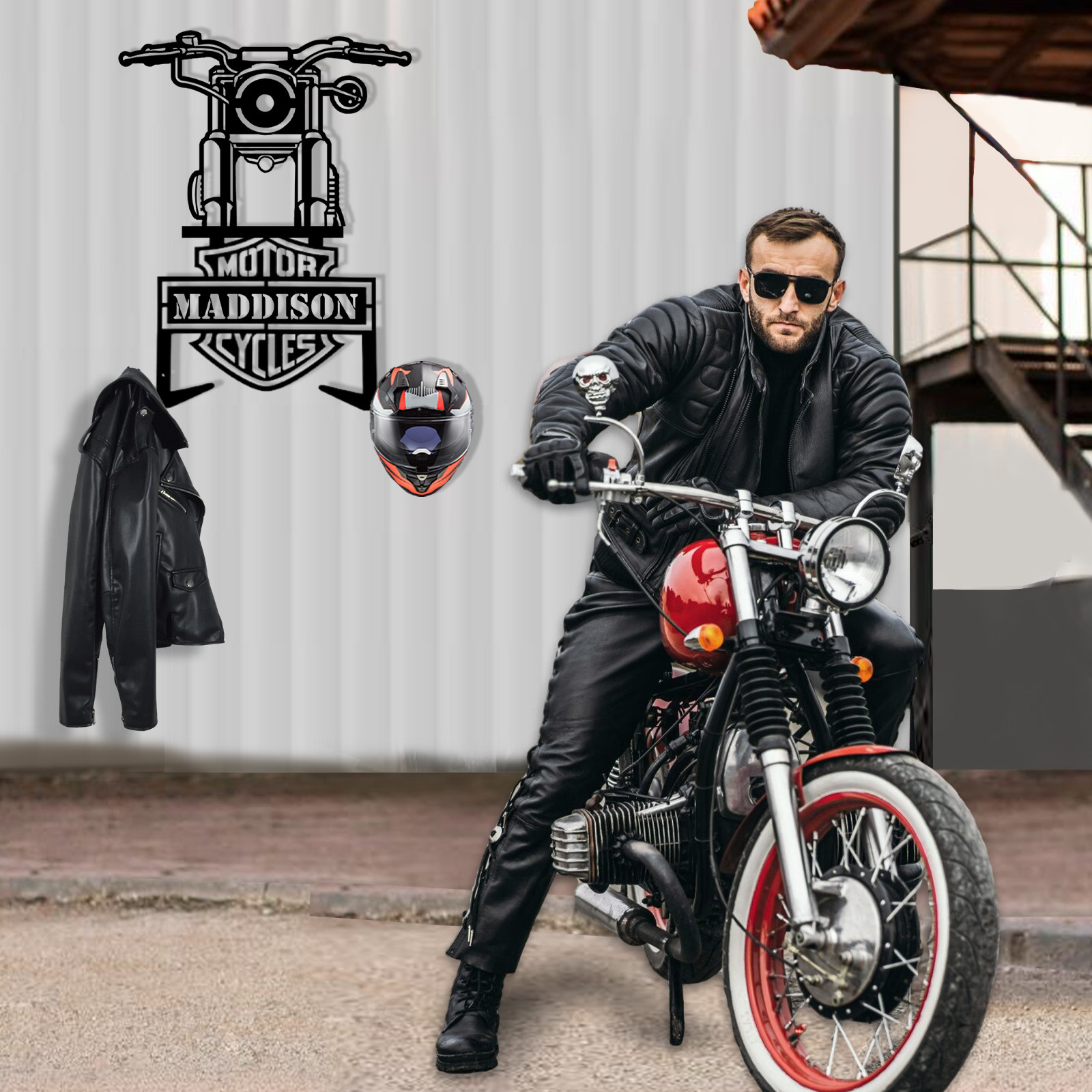 Custom Motorcycle Front View Helmet Holder Wall Mount, Personalized Name Metal Rack with Hooks, Garage Decor for Biker Helmets, Jackets and Coats