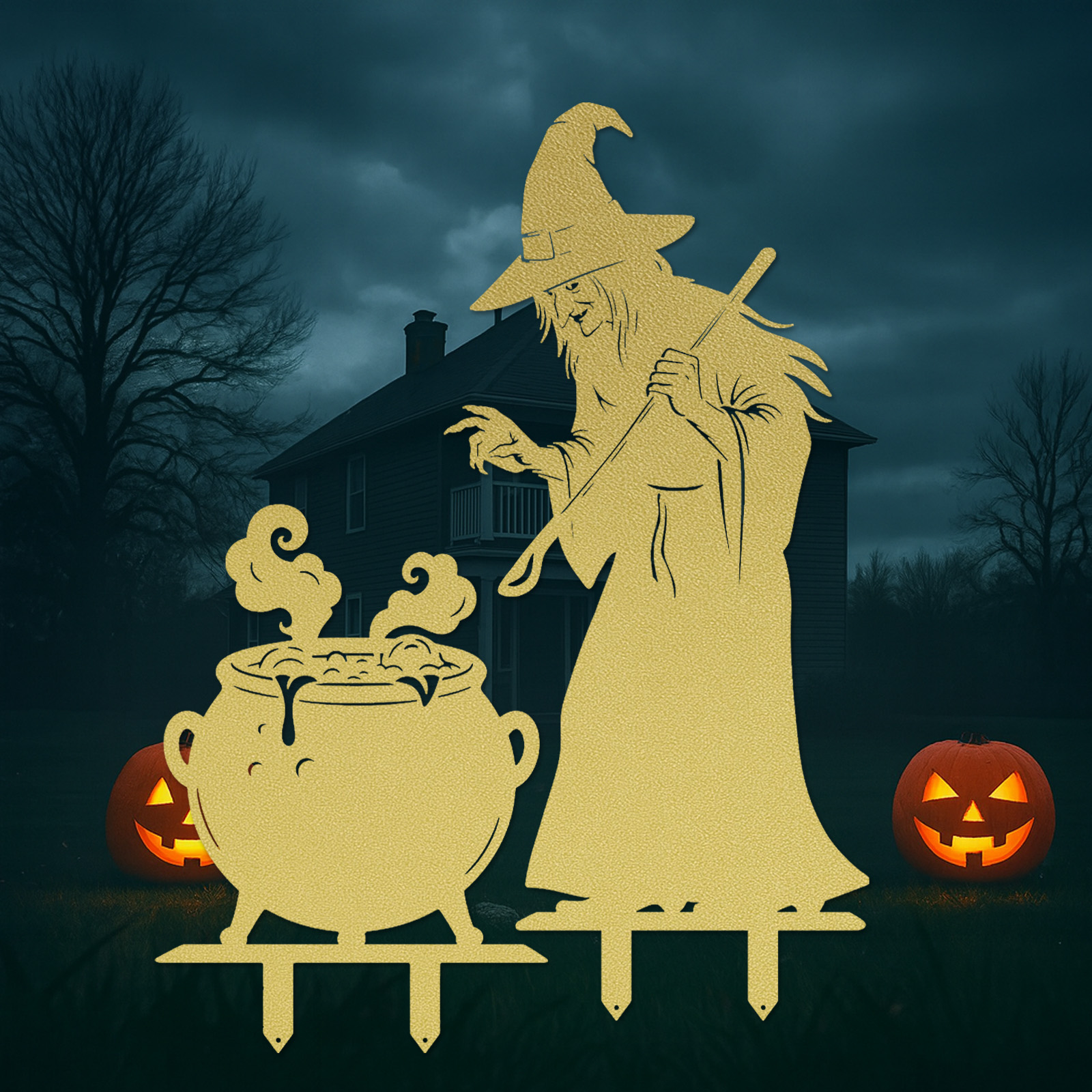 Witch and Cauldron Halloween Yard Stake, Spooky Metal Garden Sign, Outdoor Halloween Decoration, Haunted House Lawn Decor