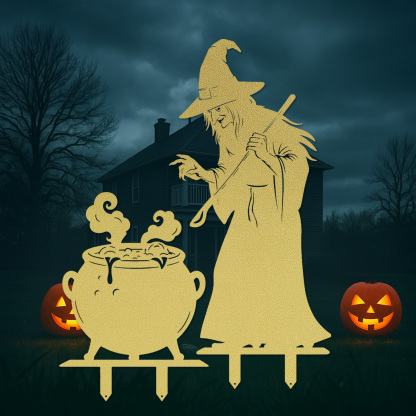 Witch and Cauldron Halloween Yard Stake, Spooky Metal Garden Sign, Outdoor Halloween Decoration, Haunted House Lawn Decor