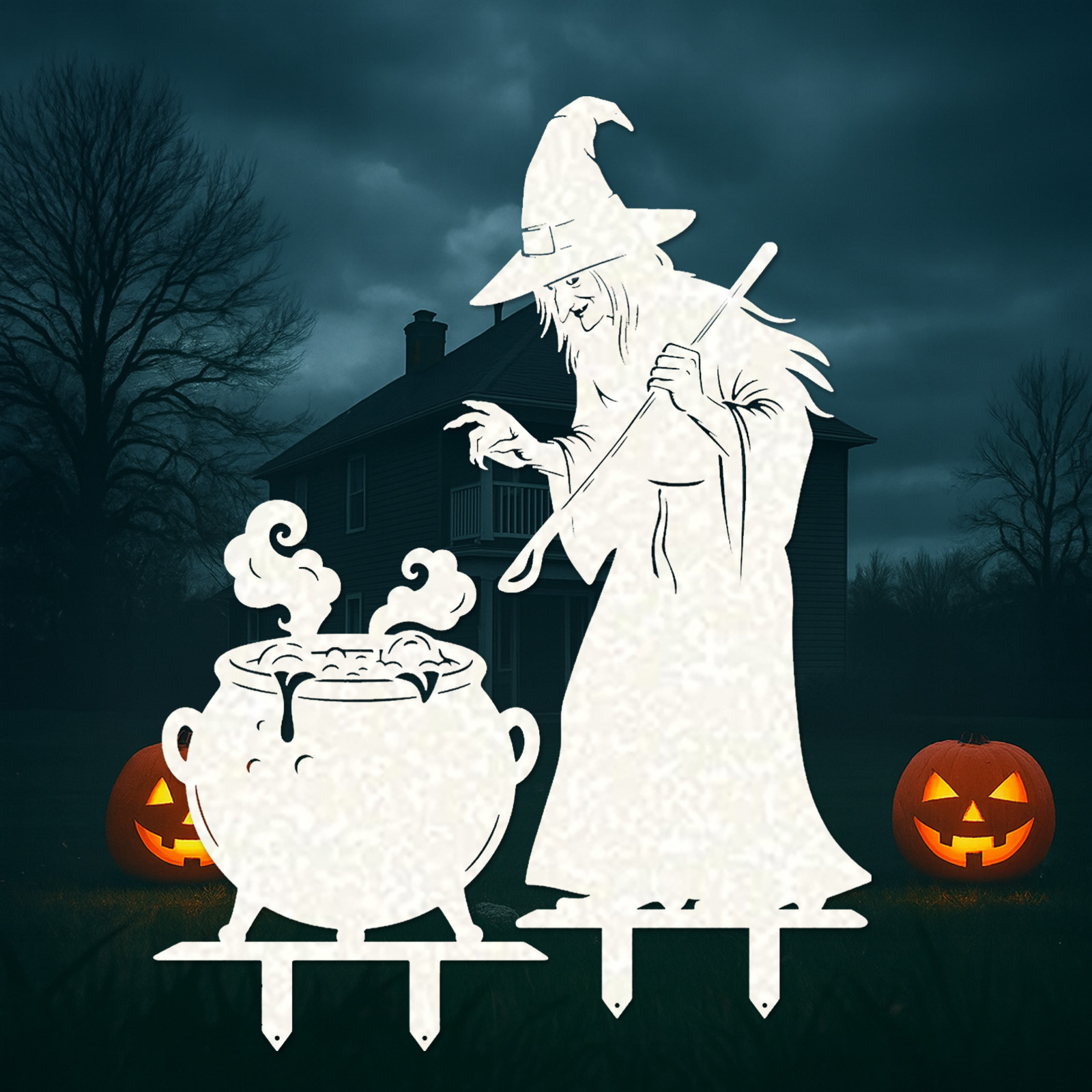 Witch and Cauldron Halloween Yard Stake, Spooky Metal Garden Sign, Outdoor Halloween Decoration, Haunted House Lawn Decor
