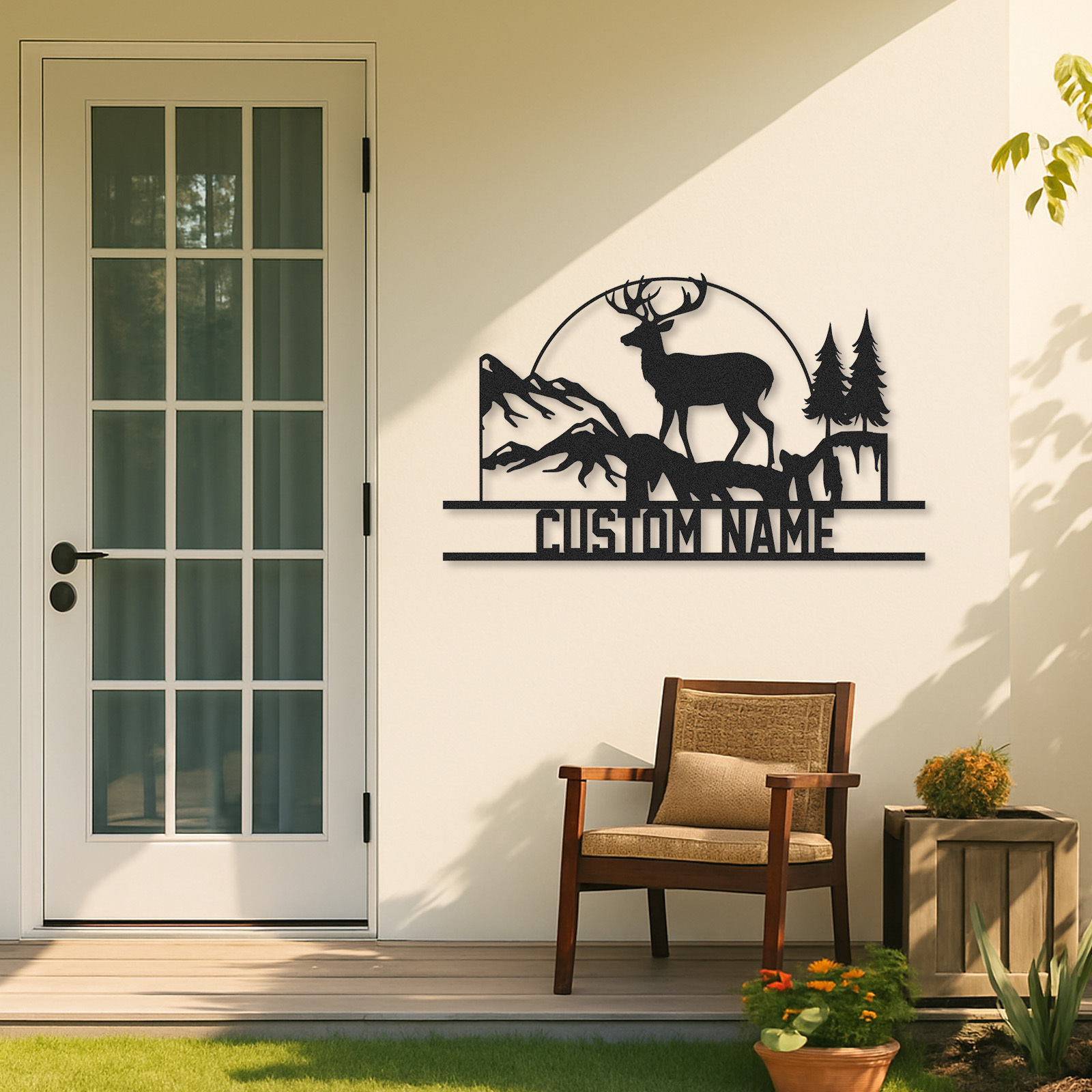 Deer Cabin Metal Sign, Custom Mountain Scene Wall Art, Personalized Hunting Lodge Name Sign