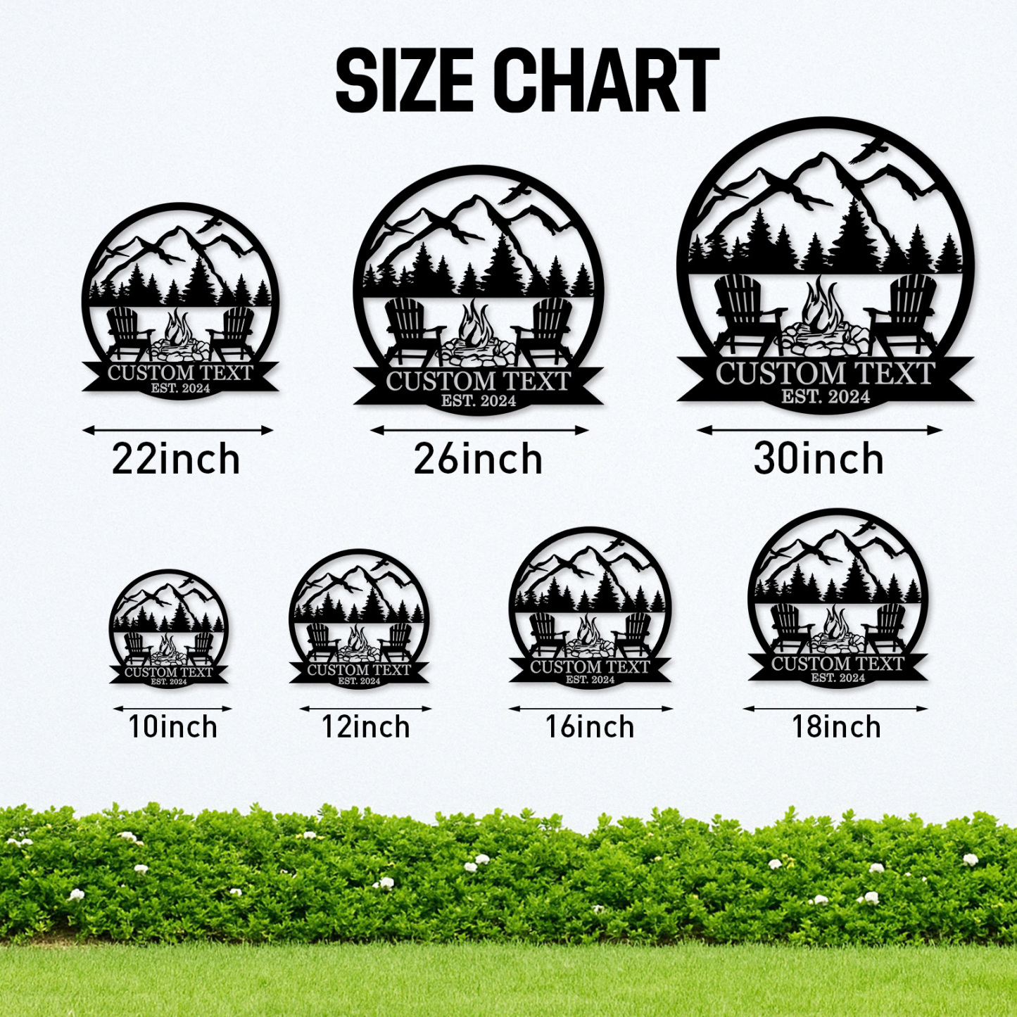 Custom BBQ Grill Metal Sign, Personalized Dad’s Backyard Firepit Wall Art with Mountains and Chairs, Outdoor Gift for Father's Day