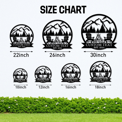 Custom BBQ Grill Metal Sign, Personalized Dad’s Backyard Firepit Wall Art with Mountains and Chairs, Outdoor Gift for Father's Day