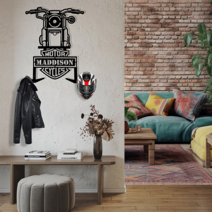 Custom Motorcycle Front View Helmet Holder Wall Mount, Personalized Name Metal Rack with Hooks, Garage Decor for Biker Helmets, Jackets and Coats