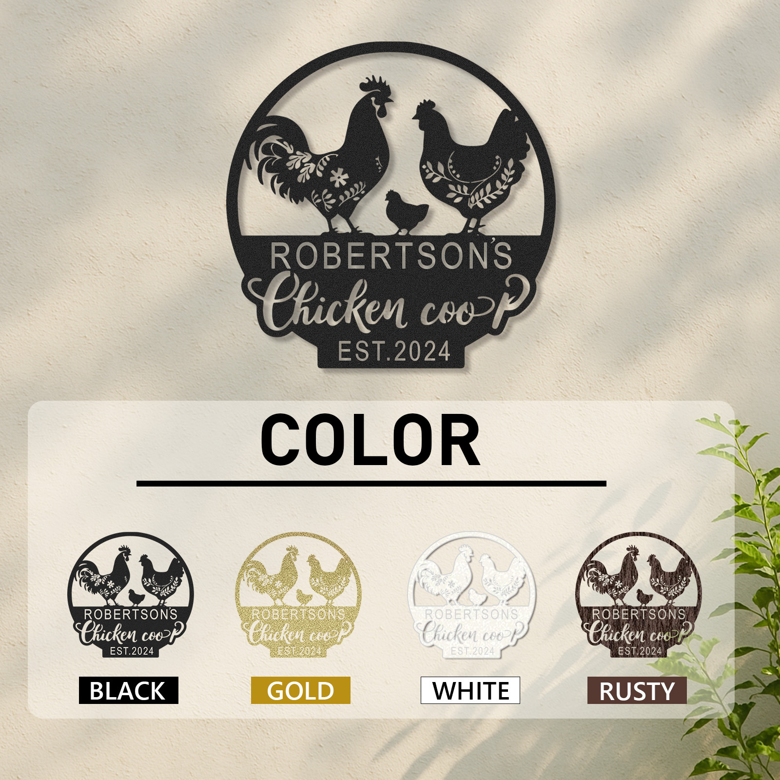Custom Chicken Coop Sign with Rooster and Hen Design, Personalized Farmhouse Decor with Name and Est. Year