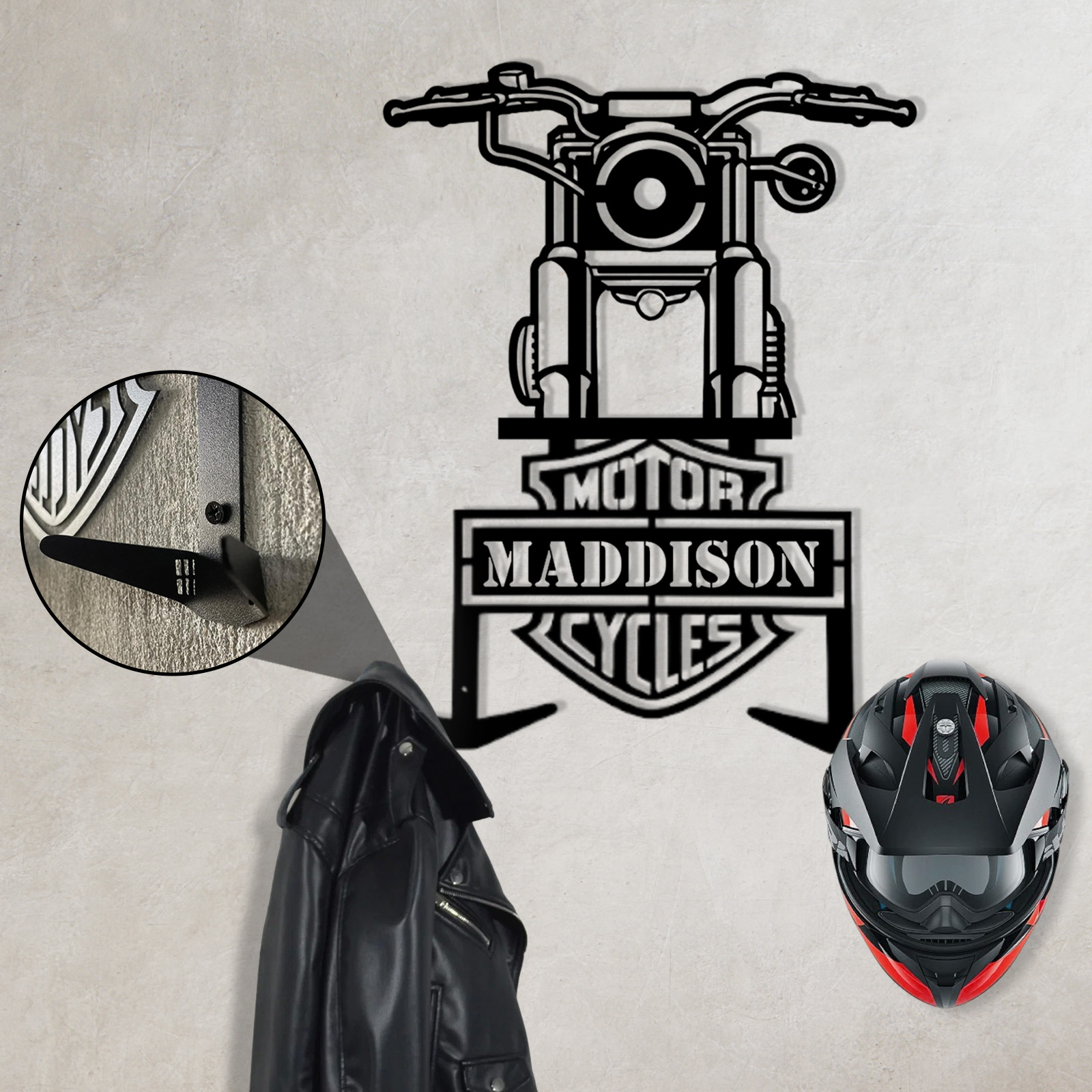 Custom Motorcycle Front View Helmet Holder Wall Mount, Personalized Name Metal Rack with Hooks, Garage Decor for Biker Helmets, Jackets and Coats