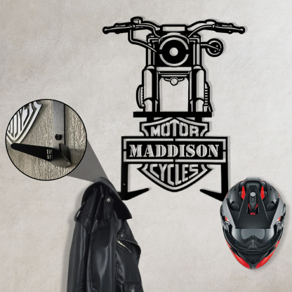Custom Motorcycle Front View Helmet Holder Wall Mount, Personalized Name Metal Rack with Hooks, Garage Decor for Biker Helmets, Jackets and Coats