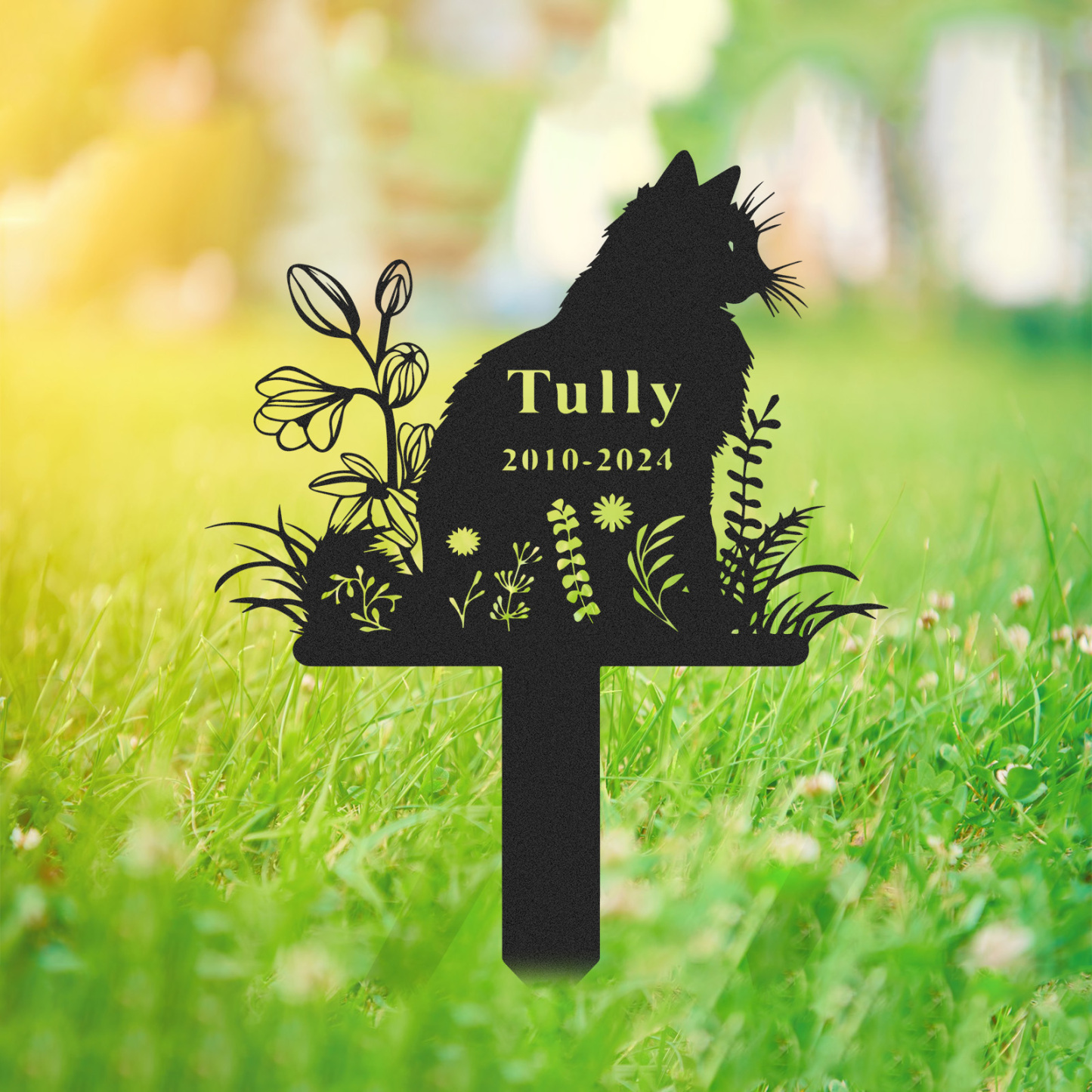 Personalized Cat Memorial Stake, Metal Cat Grave Marker, Cat Garden Stake with Flowers