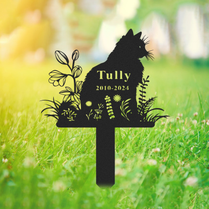 Personalized Cat Memorial Stake, Metal Cat Grave Marker, Cat Garden Stake with Flowers