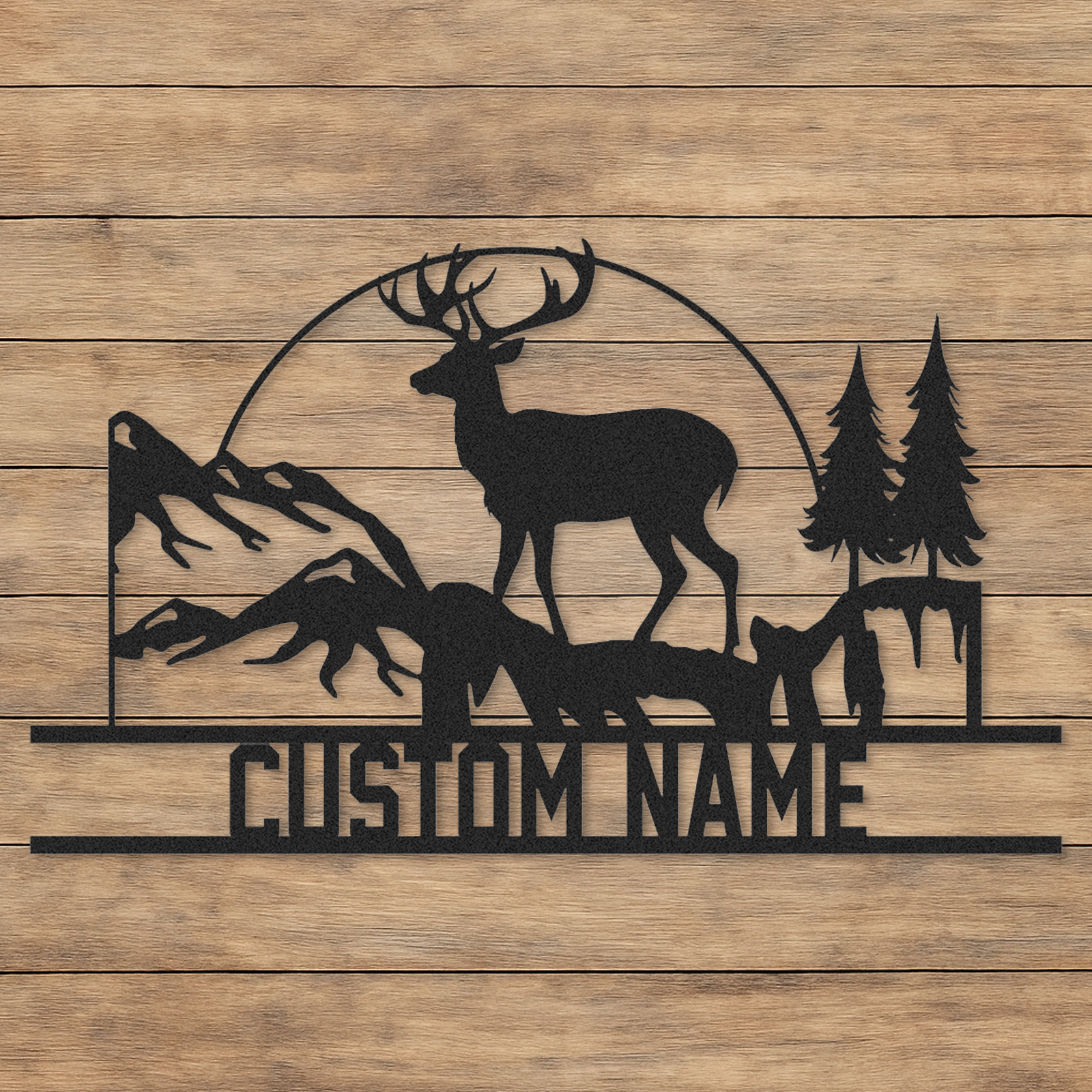Deer Cabin Metal Sign, Custom Mountain Scene Wall Art, Personalized Hunting Lodge Name Sign
