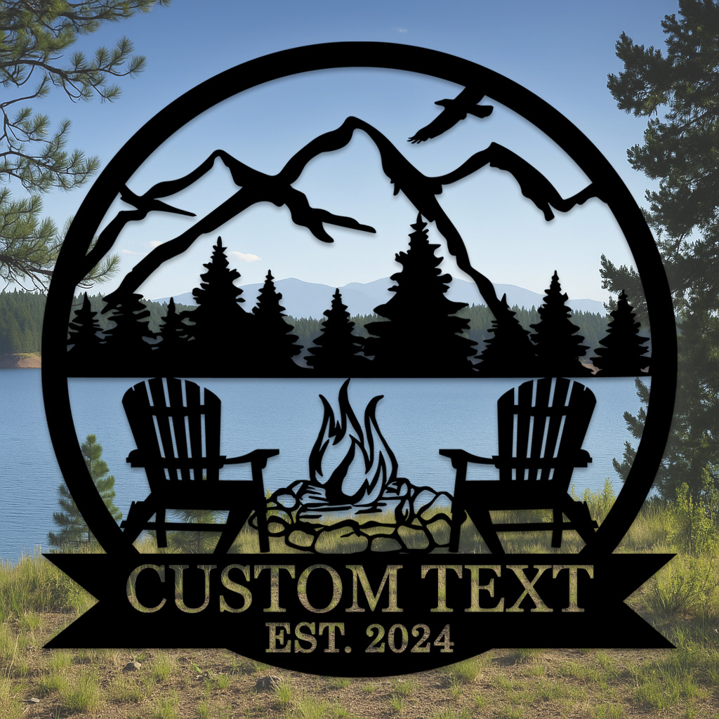 Custom BBQ Grill Metal Sign, Personalized Dad’s Backyard Firepit Wall Art with Mountains and Chairs, Outdoor Gift for Father's Day