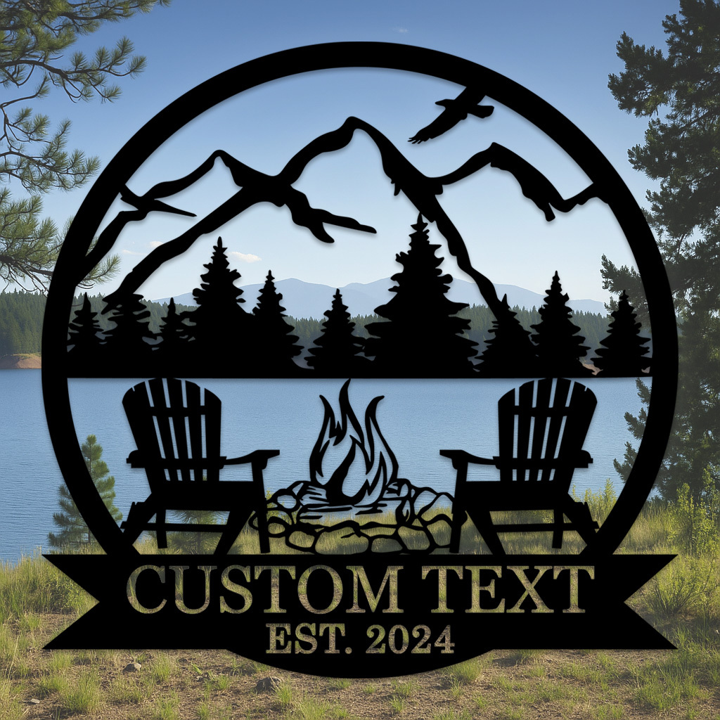 Custom BBQ Grill Metal Sign, Personalized Dad’s Backyard Firepit Wall Art with Mountains and Chairs, Outdoor Gift for Father's Day