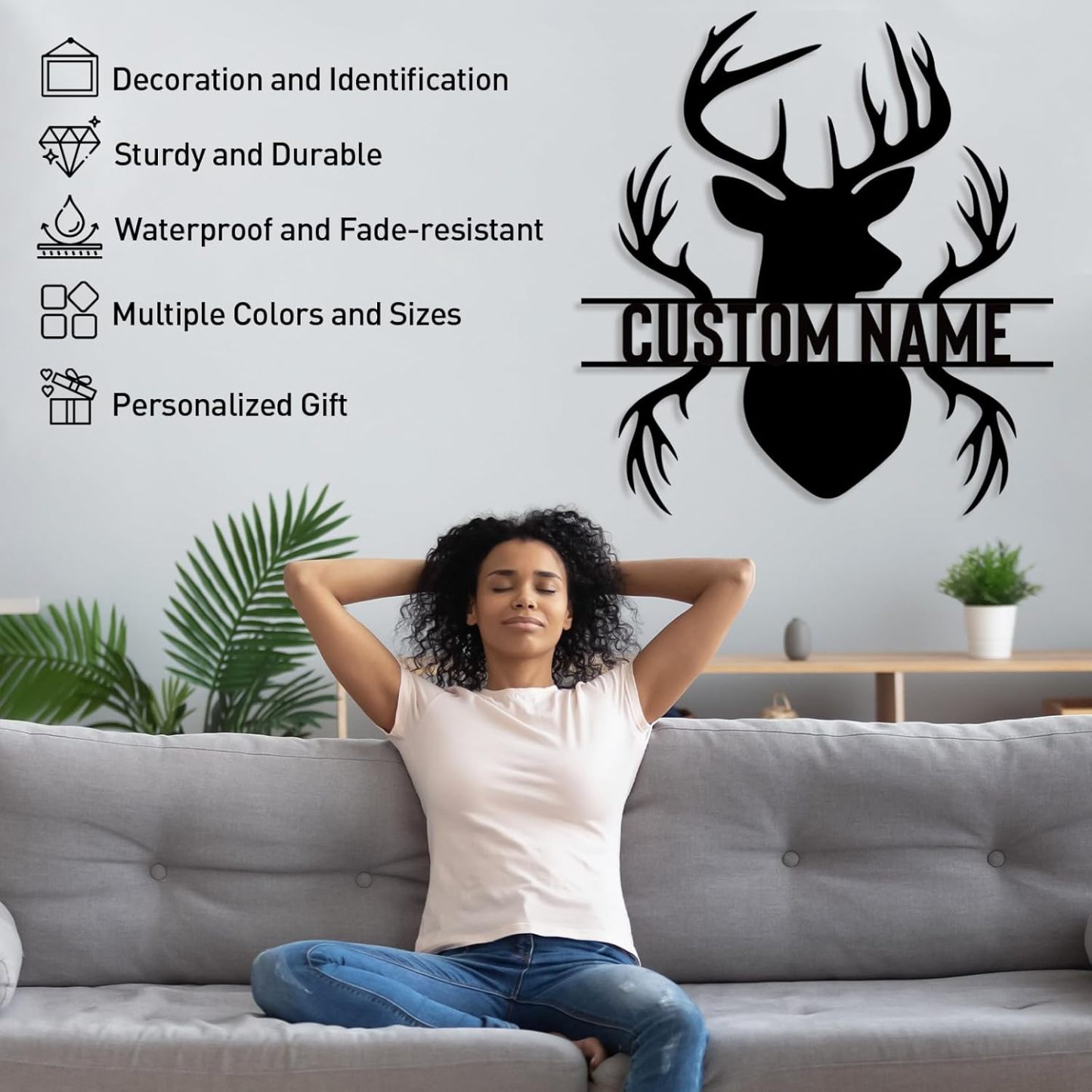 Personalized Metal Name Sign, Deer Antlers Monogram, Family Last Name Wall Art, Rustic Home & Wedding Gifts-MetalsignX