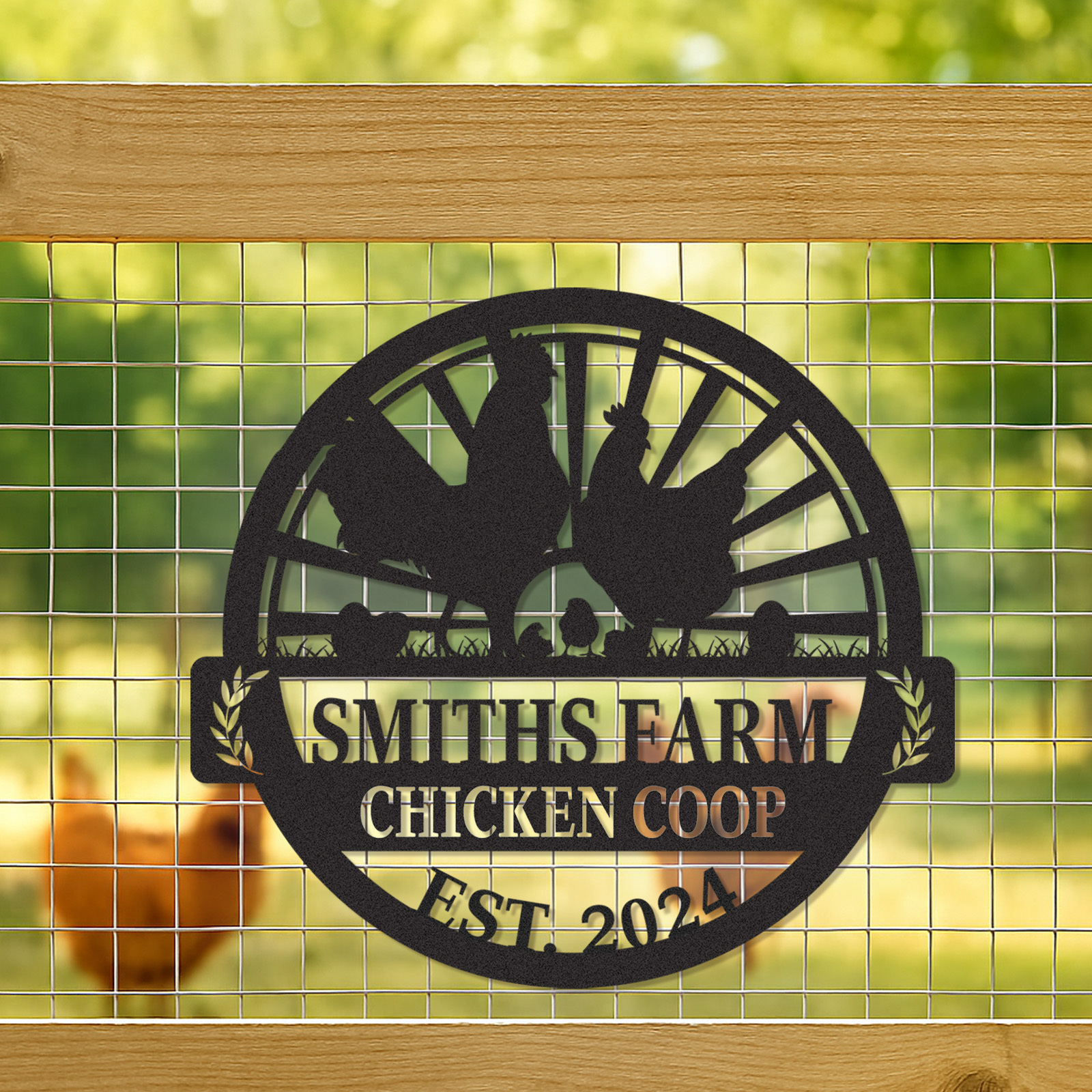 Custom Chicken Coop Sign with Sunrise and Chicken Family, Personalized Farm Name Metal Sign for Backyard Decor