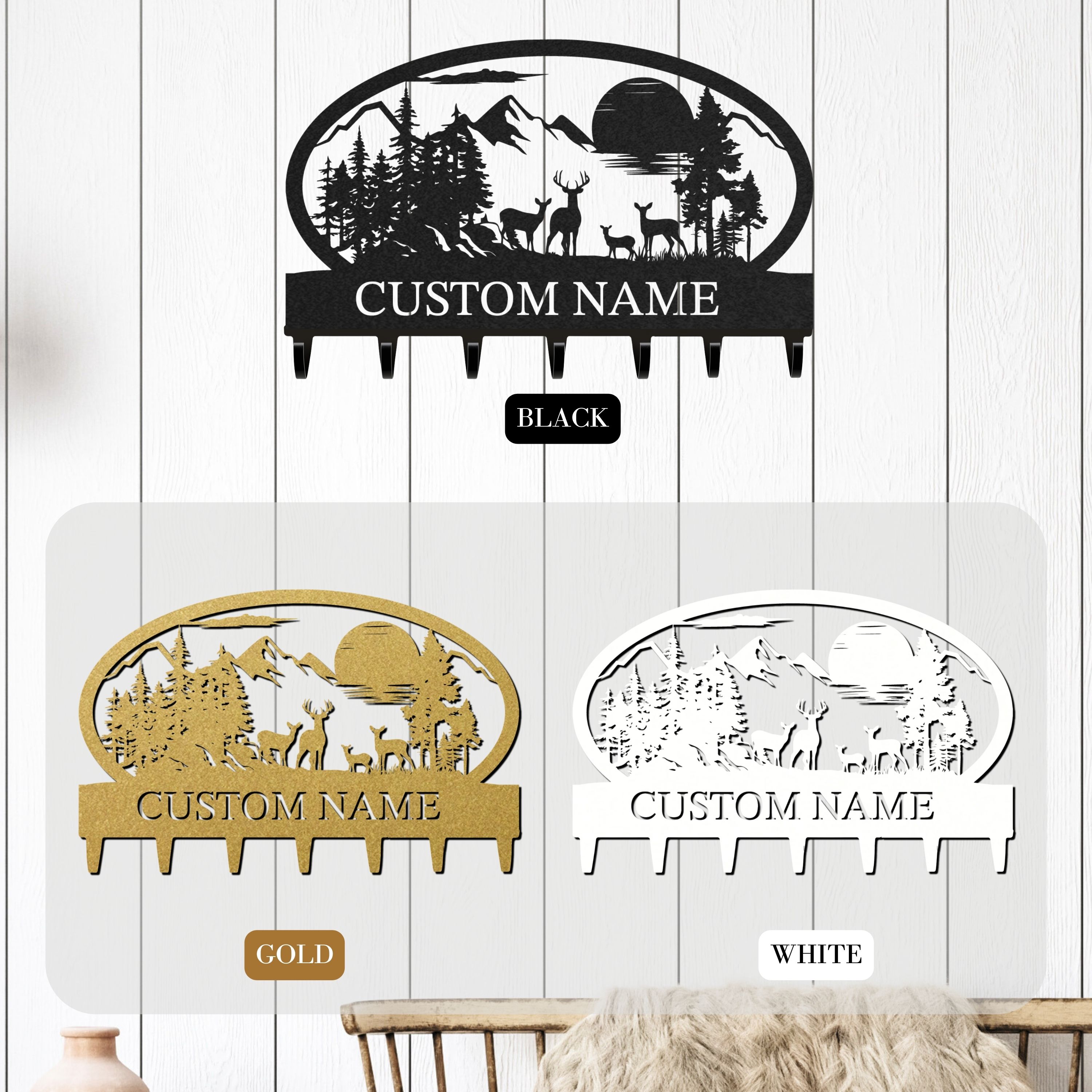 Personalized Key Holder for Wall, Custom Metal Deer Cabin Key Hooks with Name, Metal Jacket Holder Hooks Organizer Rack, Coat Hanger Decor for Kitchen, Entryway, Hallway, Office, Doorway
