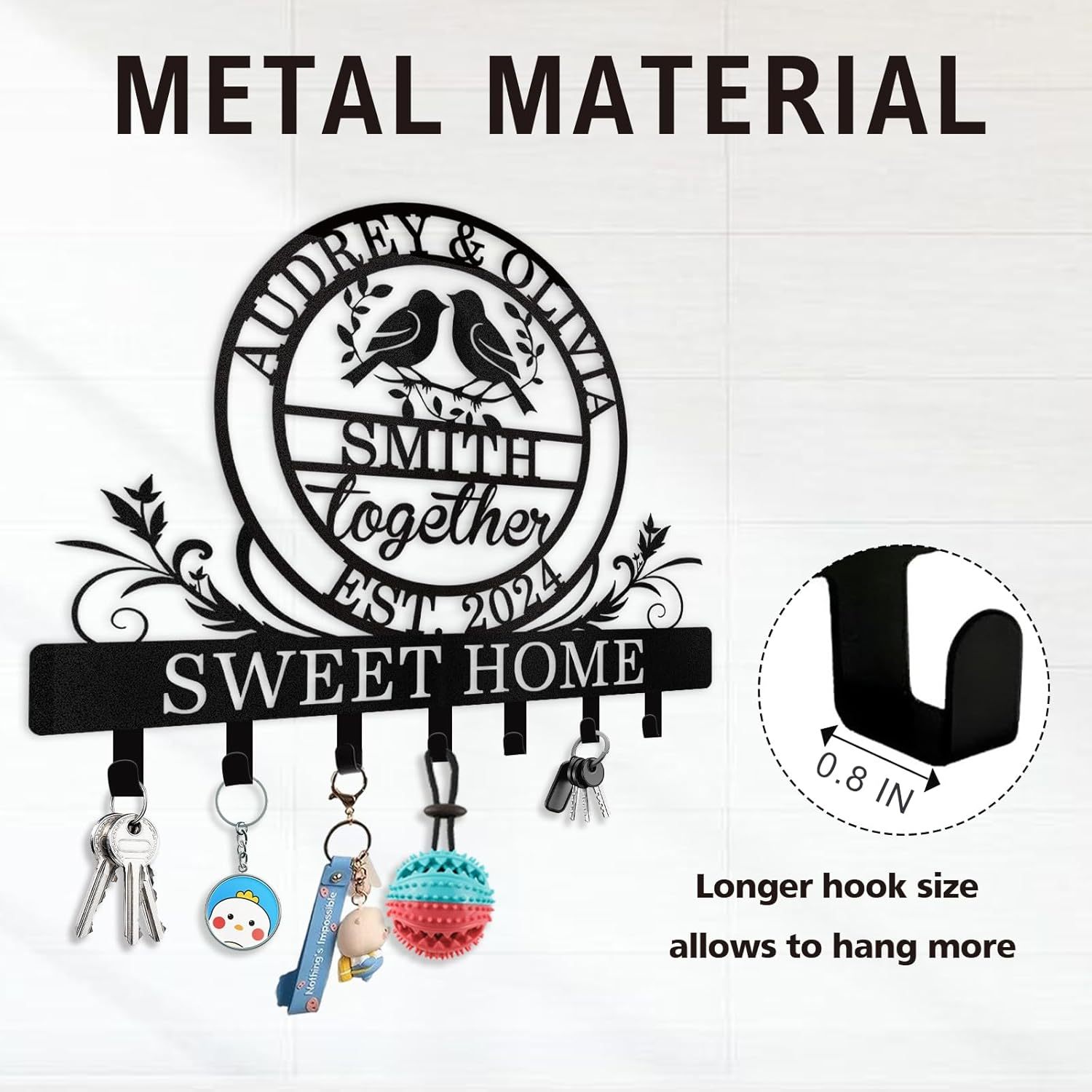 Personalized Key Holder for Wall, Metal Key Rack Wall Mount with Couple's Name-MetalsignX