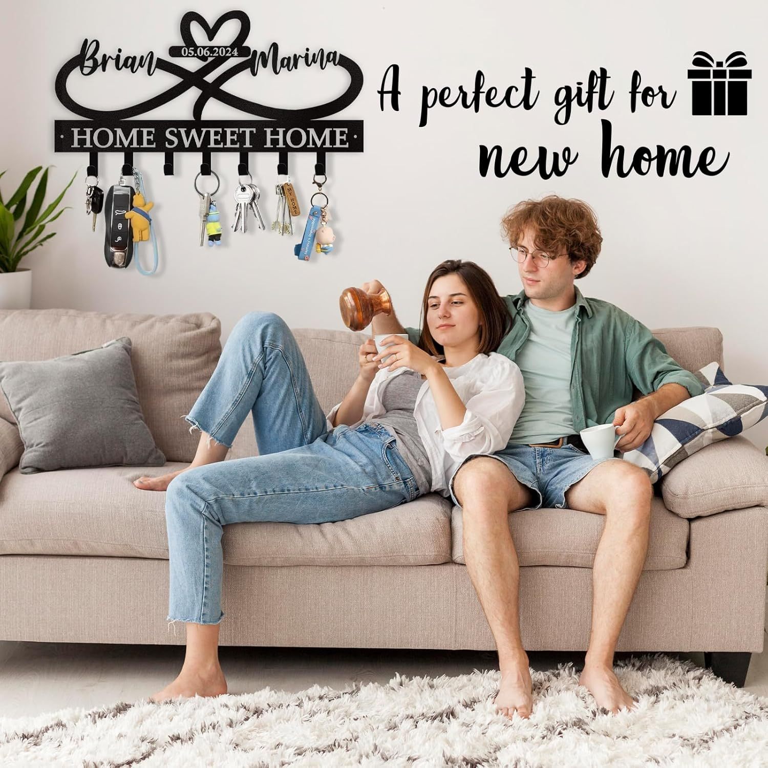 Custom Key Holder for Wall with Couple's Name, Heart Key Rack Wall Mount-MetalsignX