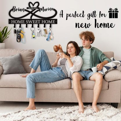 Custom Key Holder for Wall with Couple's Name, Heart Key Rack Wall Mount-MetalsignX