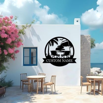 Personalized Metal Beach Signs, Backyard Oasis Sign, Porch Signs Outdoor, Coastal Beach Scene Custom Last Name Sign