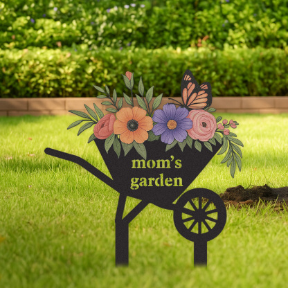 Personalized Garden Stake with Flowers and Butterfly, Custom Metal Wheelbarrow Garden Sign for Mom, Outdoor Garden Decor Yard Sign with Custom Text