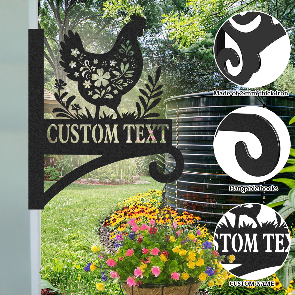 Custom Chicken Plant Hanger, Rustic Farmhouse Metal Wall Hook with Personalized Name, Hanging Bracket for Plants Bird Feeders Lanterns