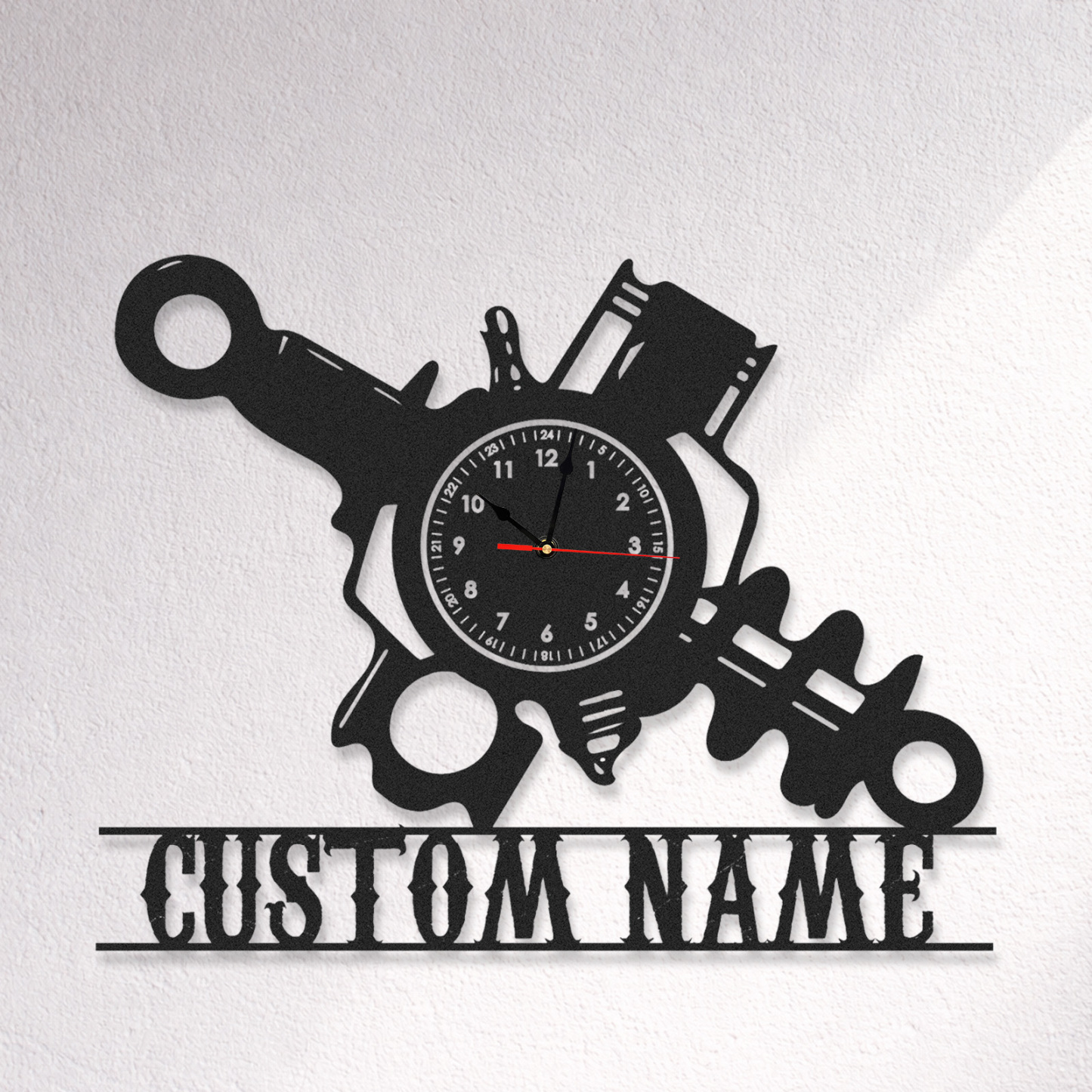 Personalized Engine Parts Metal Wall Clock with Custom Name, Industrial Mechanic Workshop Decor, Silent Garage Wall Art