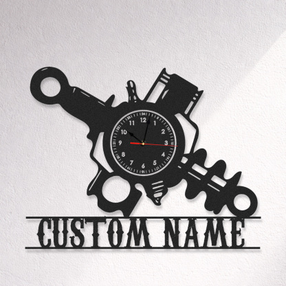 Personalized Engine Parts Metal Wall Clock with Custom Name, Industrial Mechanic Workshop Decor, Silent Garage Wall Art
