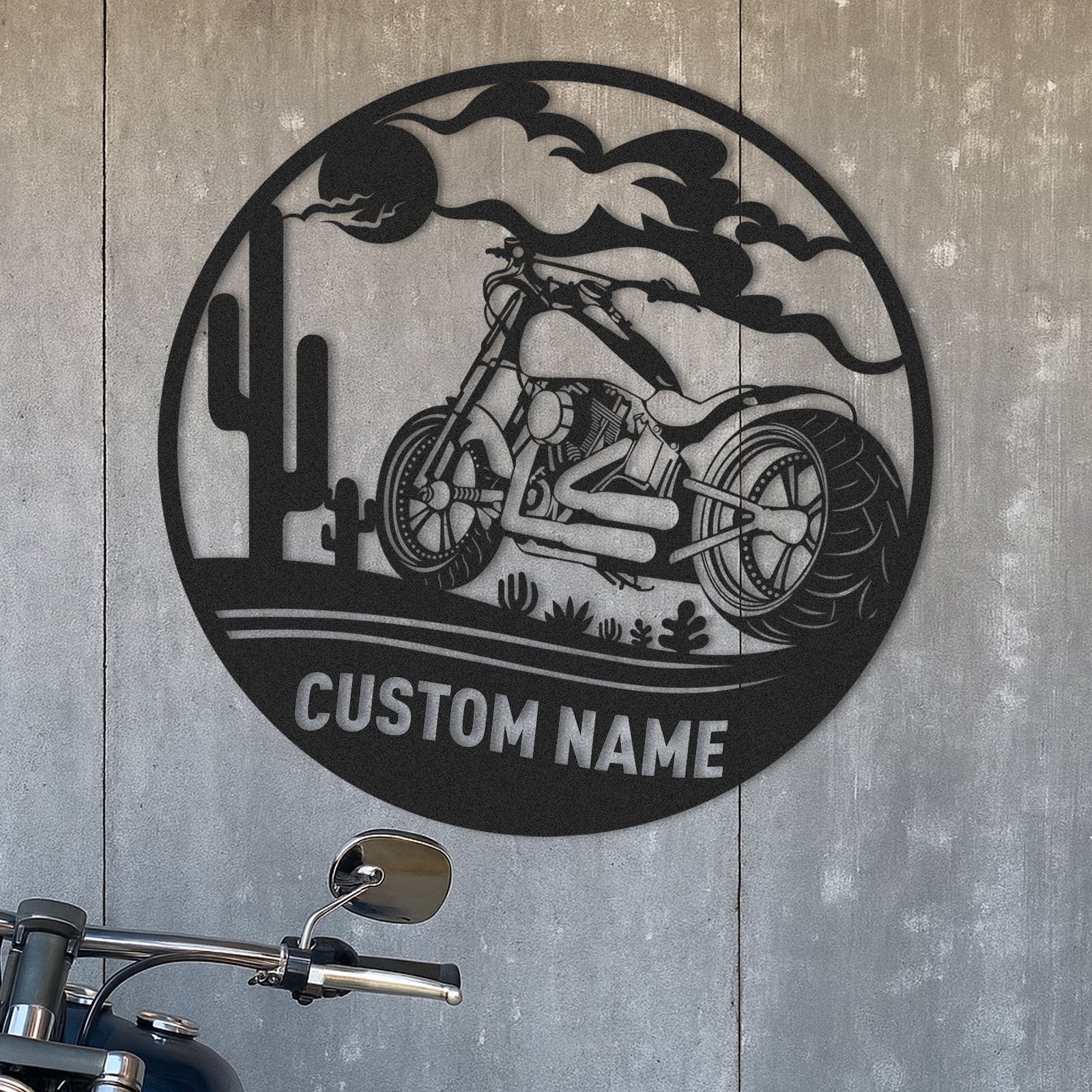 Custom Desert Motorcycle Metal Sign, Personalized Round Wall Art for Garage, Man Cave, Biker's Room Decor, Gifts for Motorcycle Riders and Lovers
