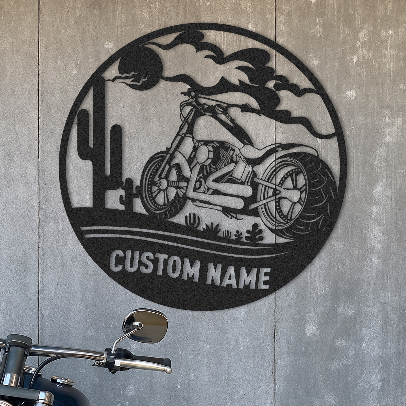 Custom Desert Motorcycle Metal Sign, Personalized Round Wall Art for Garage, Man Cave, Biker's Room Decor, Gifts for Motorcycle Riders and Lovers