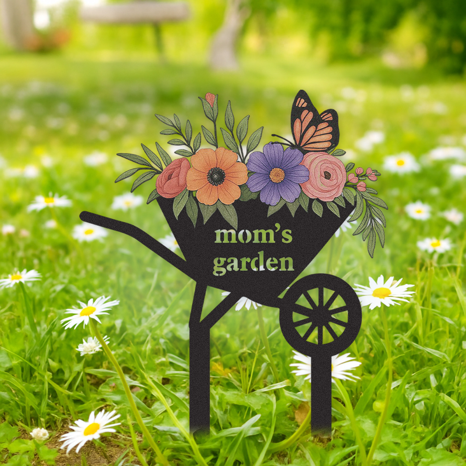 Personalized Garden Stake with Flowers and Butterfly, Custom Metal Wheelbarrow Garden Sign for Mom, Outdoor Garden Decor Yard Sign with Custom Text