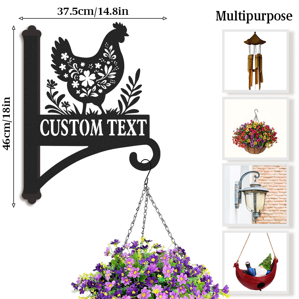 Custom Chicken Plant Hanger, Rustic Farmhouse Metal Wall Hook with Personalized Name, Hanging Bracket for Plants Bird Feeders Lanterns