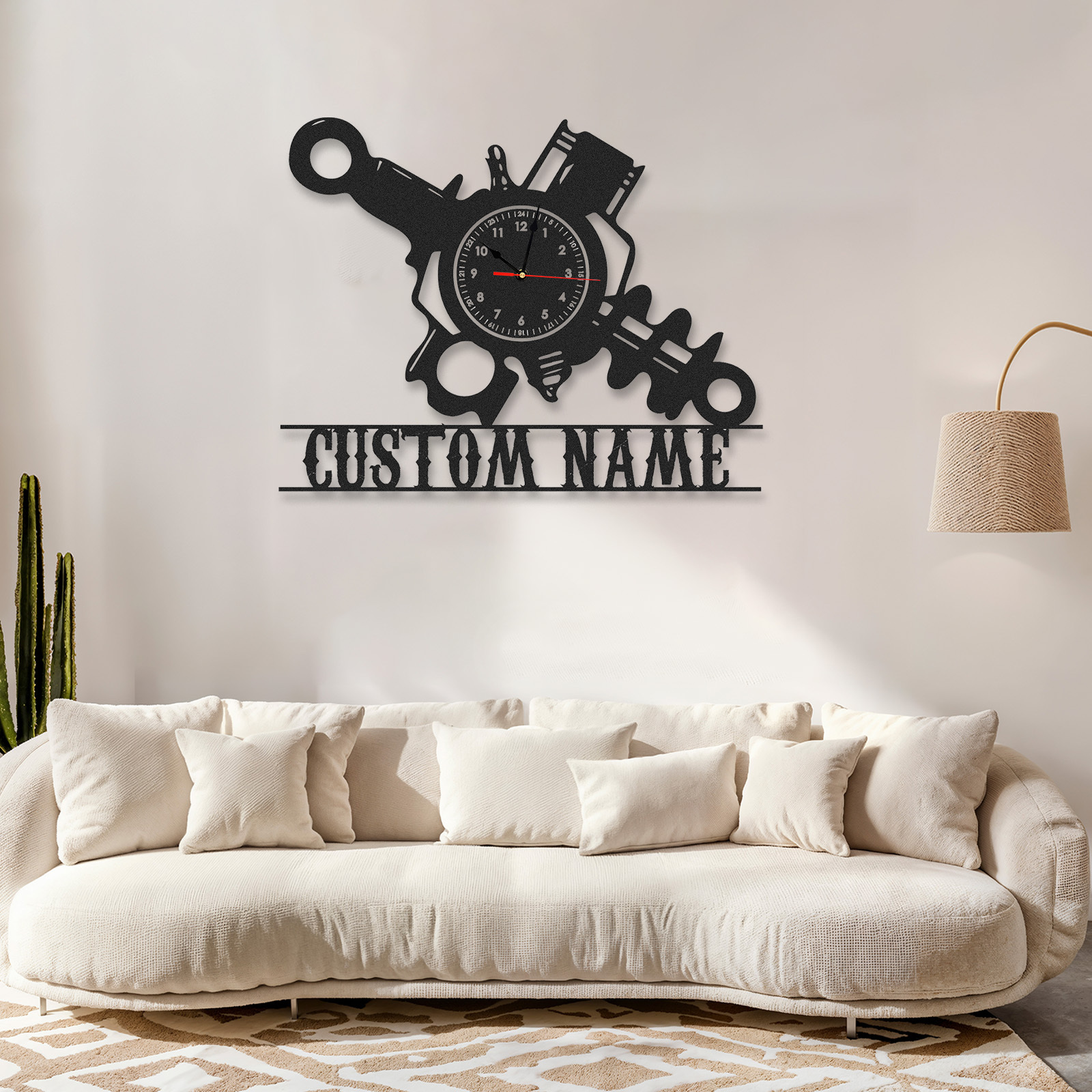 Personalized Engine Parts Metal Wall Clock with Custom Name, Industrial Mechanic Workshop Decor, Silent Garage Wall Art