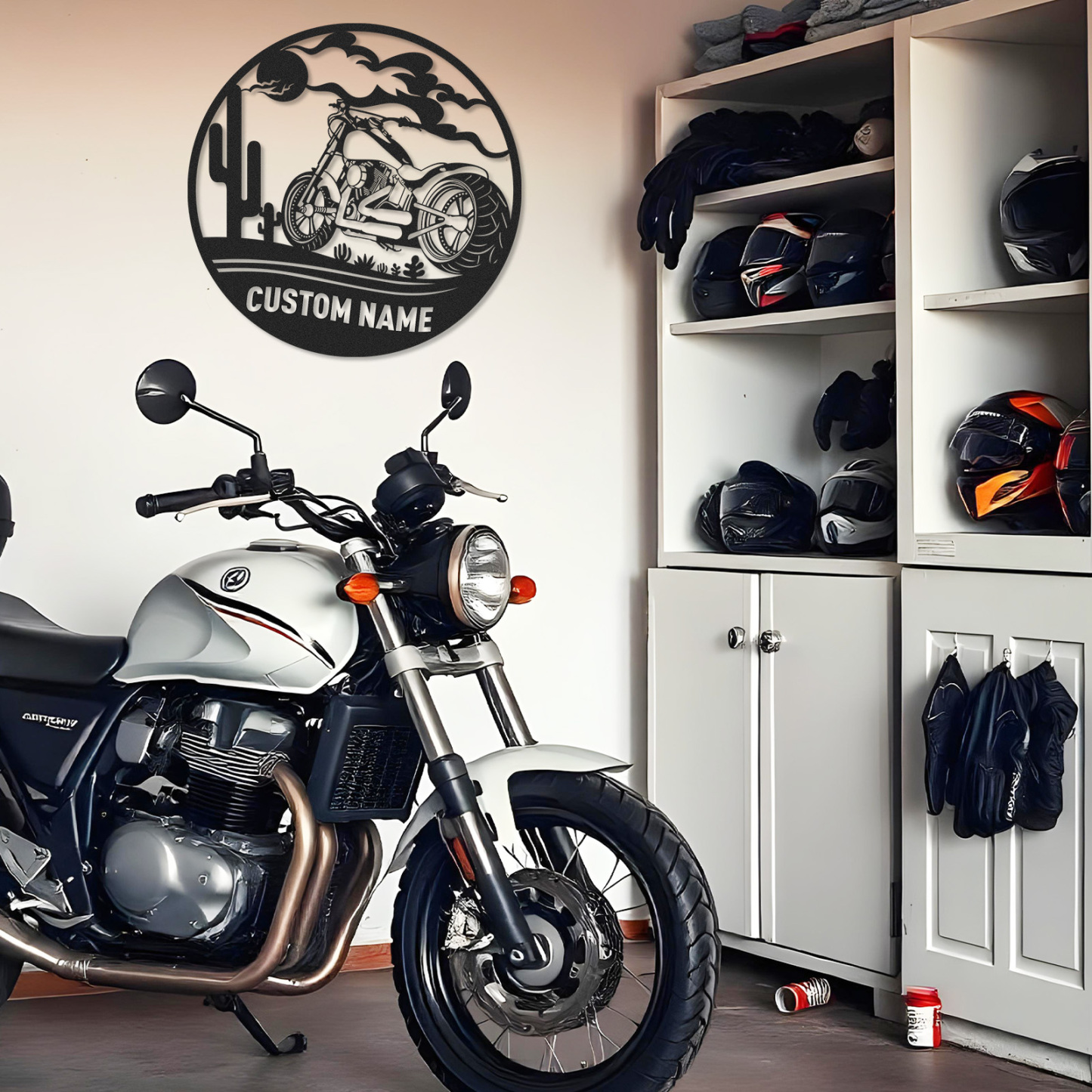 Custom Desert Motorcycle Metal Sign, Personalized Round Wall Art for Garage, Man Cave, Biker's Room Decor, Gifts for Motorcycle Riders and Lovers