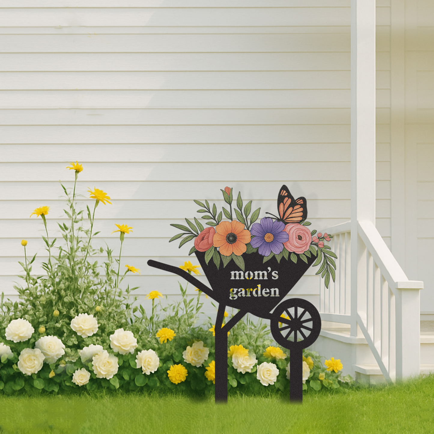 Personalized Garden Stake with Flowers and Butterfly, Custom Metal Wheelbarrow Garden Sign for Mom, Outdoor Garden Decor Yard Sign with Custom Text
