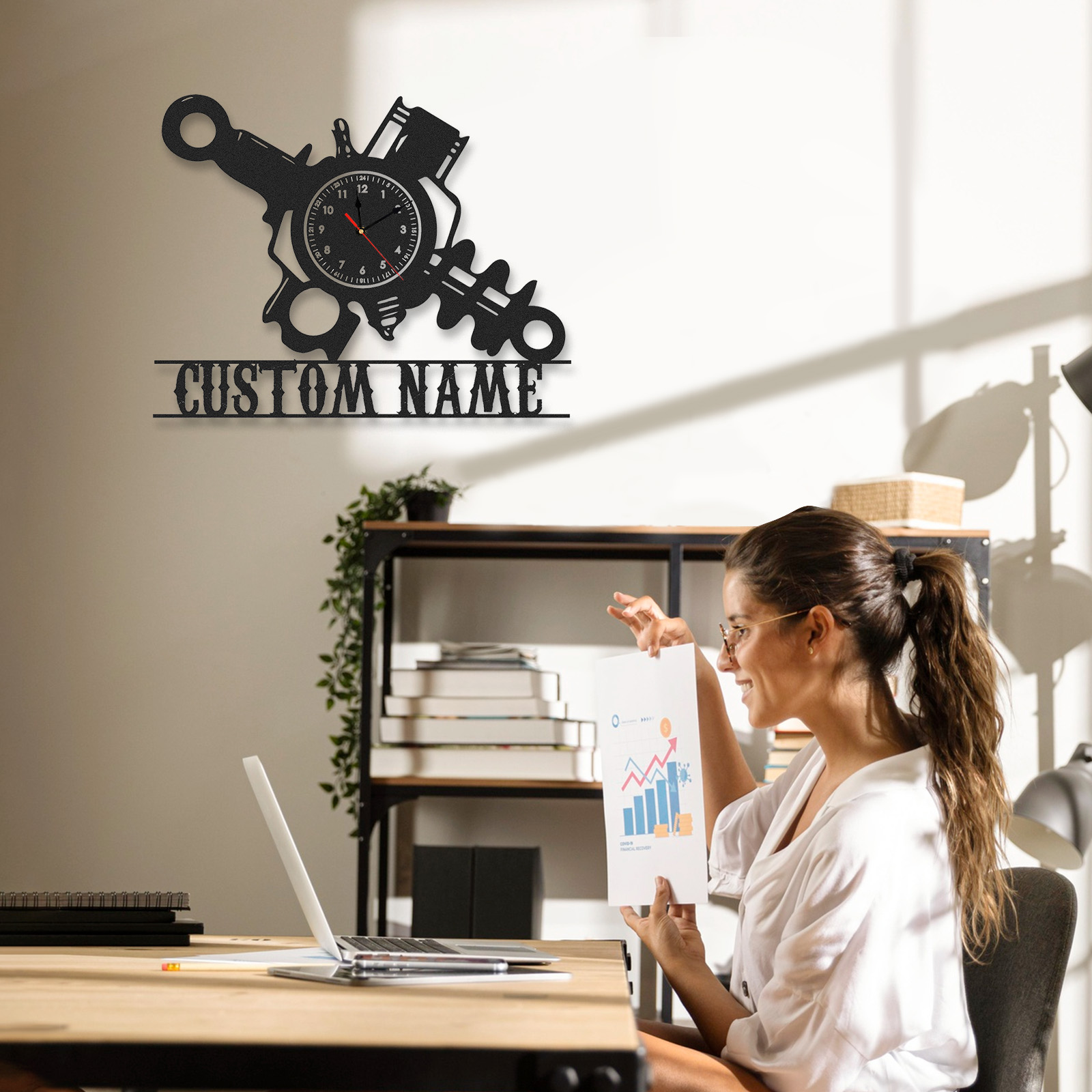 Personalized Engine Parts Metal Wall Clock with Custom Name, Industrial Mechanic Workshop Decor, Silent Garage Wall Art