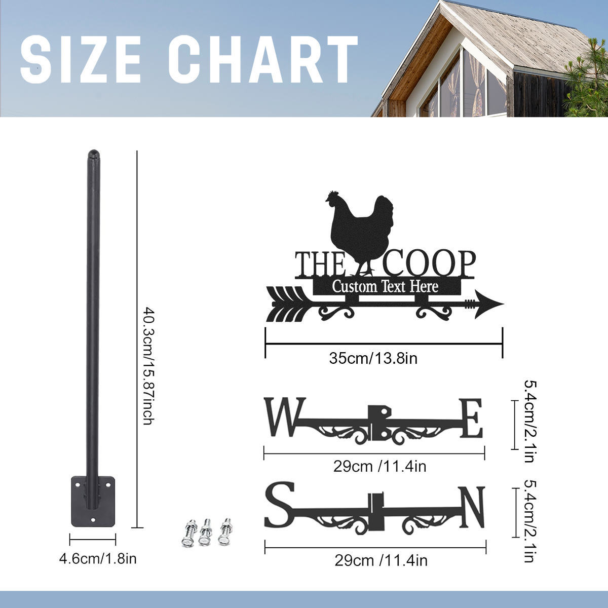 Personalized Chicken Coop Metal Weather Vane with Custom Text, Farmhouse Roof Wind Direction Indicator Outdoor Yard Barn Decor