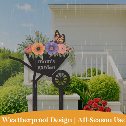Personalized Garden Stake with Flowers and Butterfly, Custom Metal Wheelbarrow Garden Sign for Mom, Outdoor Garden Decor Yard Sign with Custom Text
