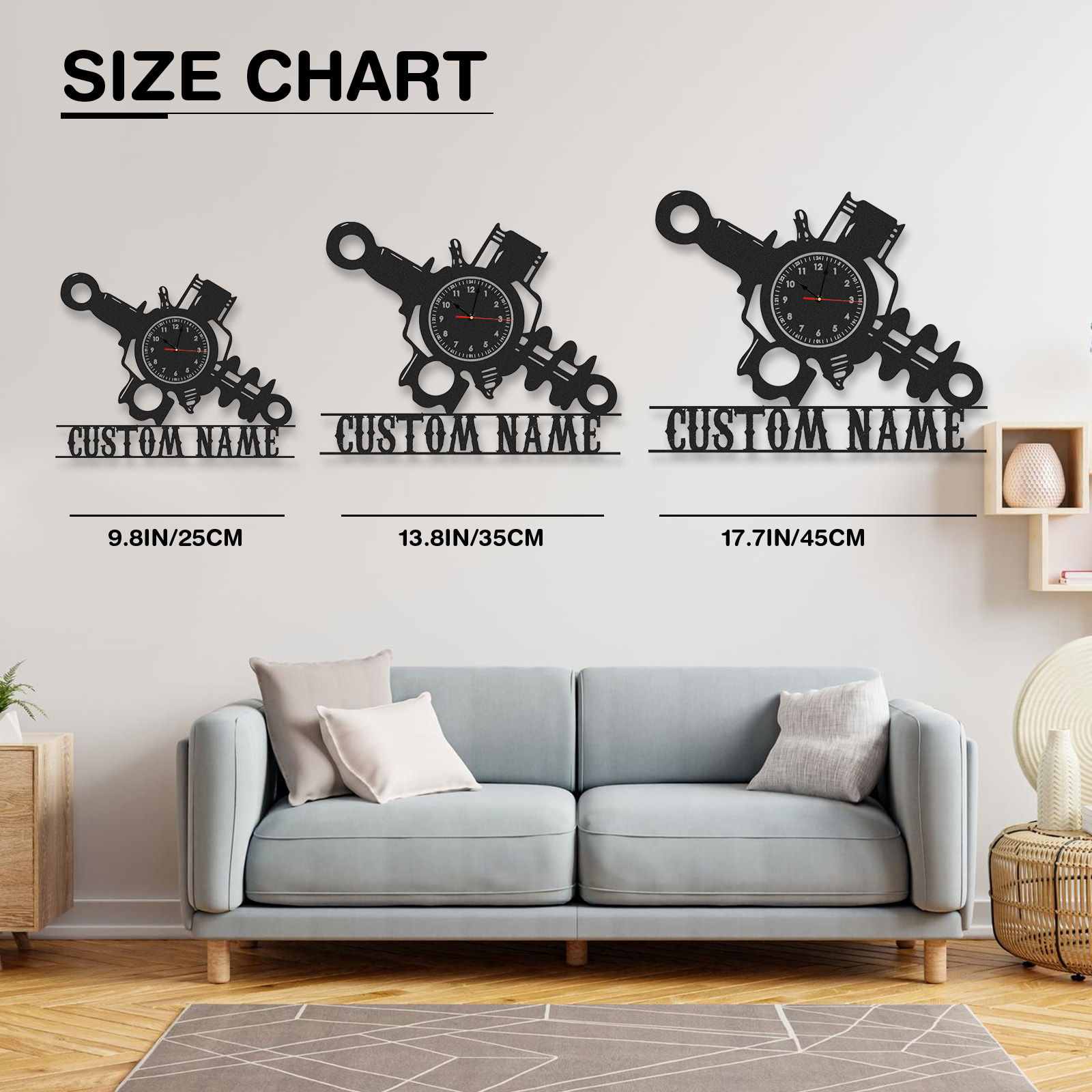 Personalized Engine Parts Metal Wall Clock with Custom Name, Industrial Mechanic Workshop Decor, Silent Garage Wall Art