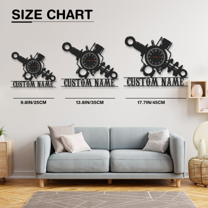 Personalized Engine Parts Metal Wall Clock with Custom Name, Industrial Mechanic Workshop Decor, Silent Garage Wall Art