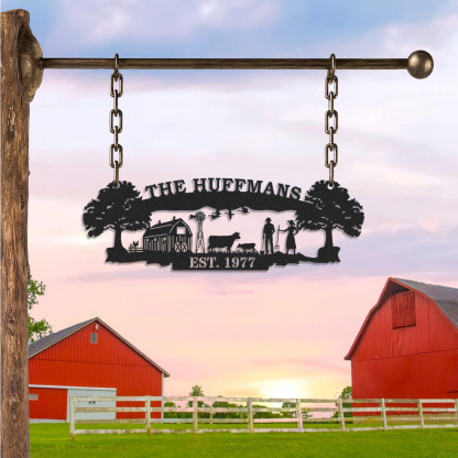 Personalized Farm Metal Sign with Family and Barn Scene, Custom Ranch Entrance Sign, Farmhouse Decor, Established Year Gift, Handmade Gift for Farmers