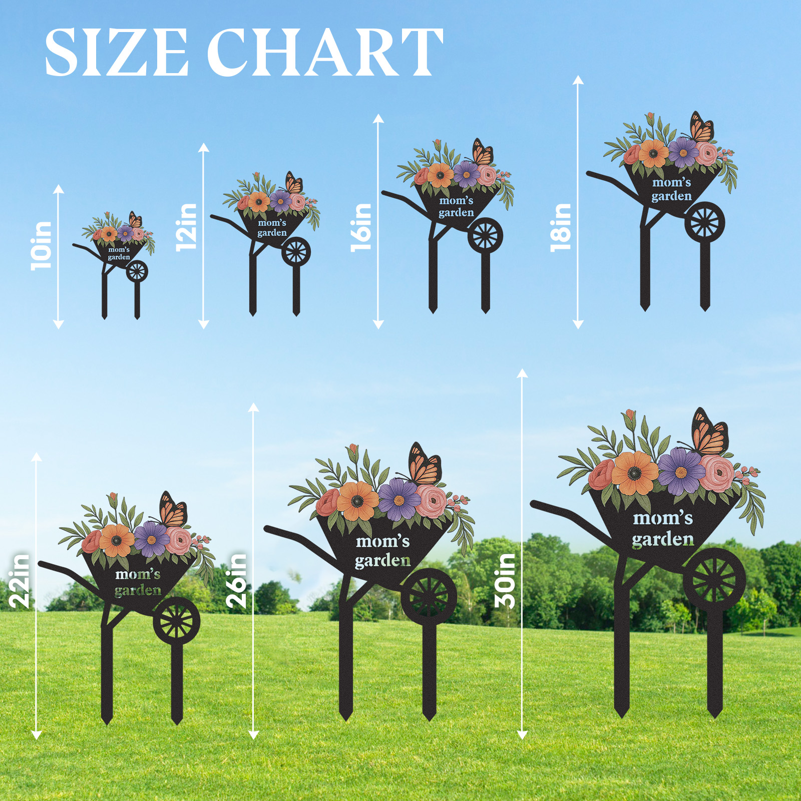 Personalized Garden Stake with Flowers and Butterfly, Custom Metal Wheelbarrow Garden Sign for Mom, Outdoor Garden Decor Yard Sign with Custom Text