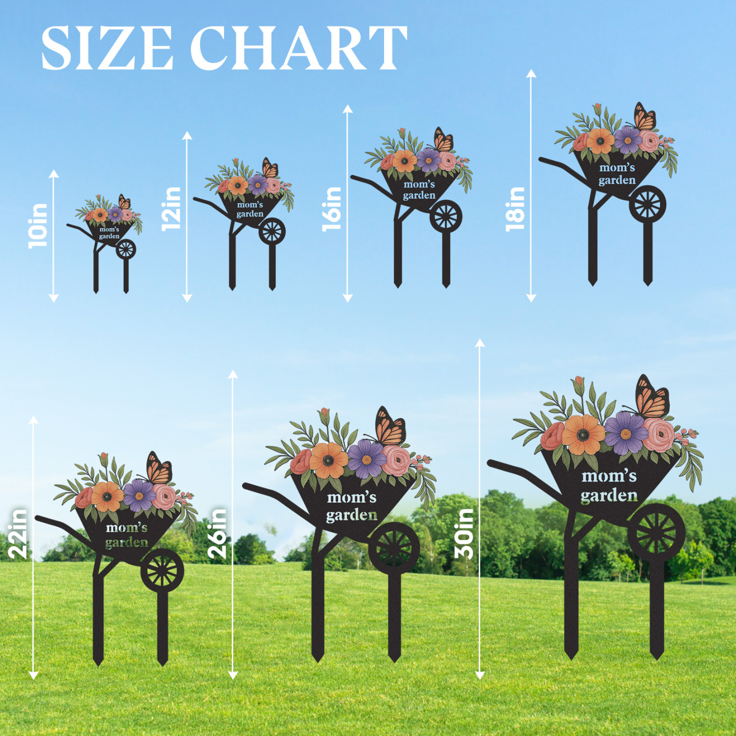 Personalized Garden Stake with Flowers and Butterfly, Custom Metal Wheelbarrow Garden Sign for Mom, Outdoor Garden Decor Yard Sign with Custom Text