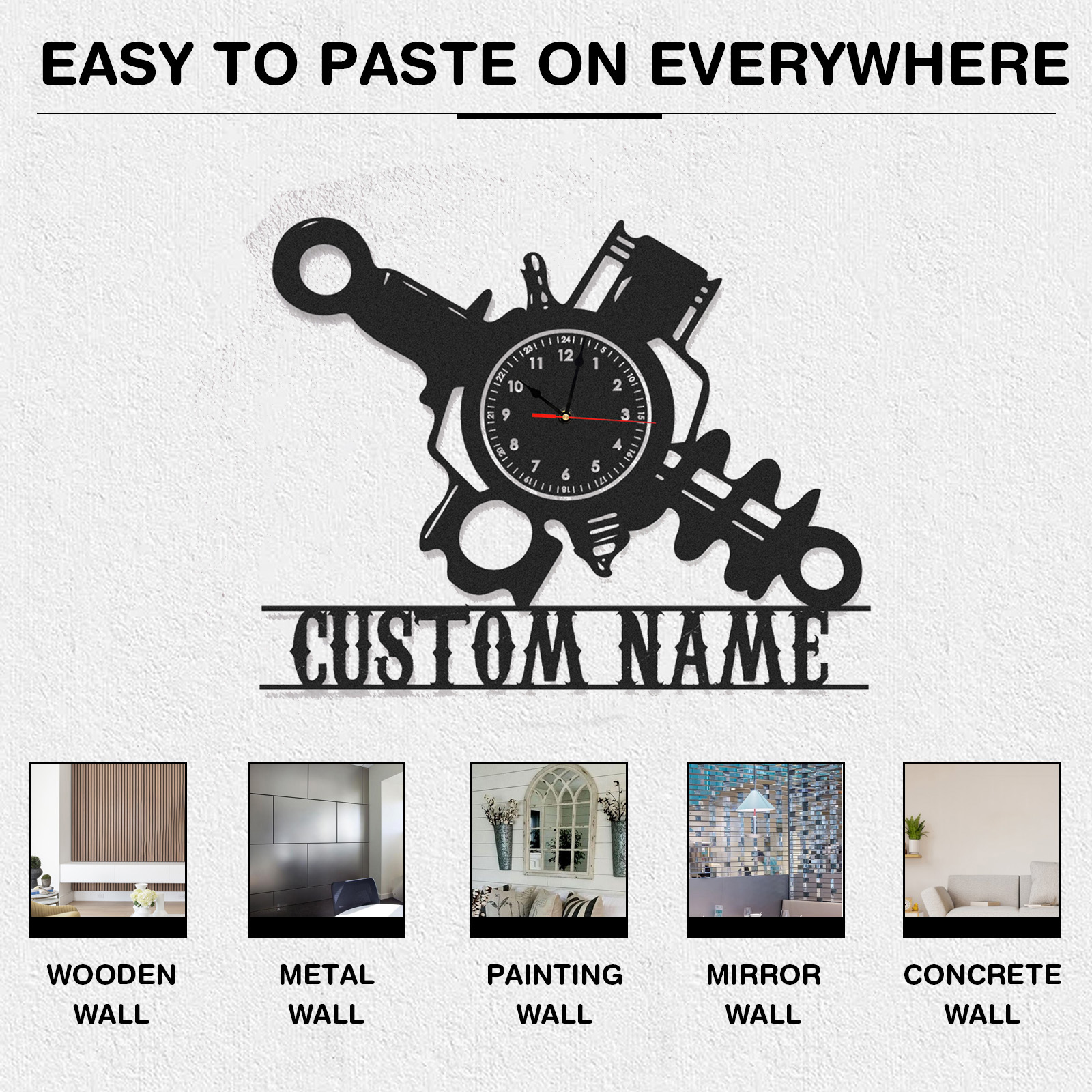 Personalized Engine Parts Metal Wall Clock with Custom Name, Industrial Mechanic Workshop Decor, Silent Garage Wall Art