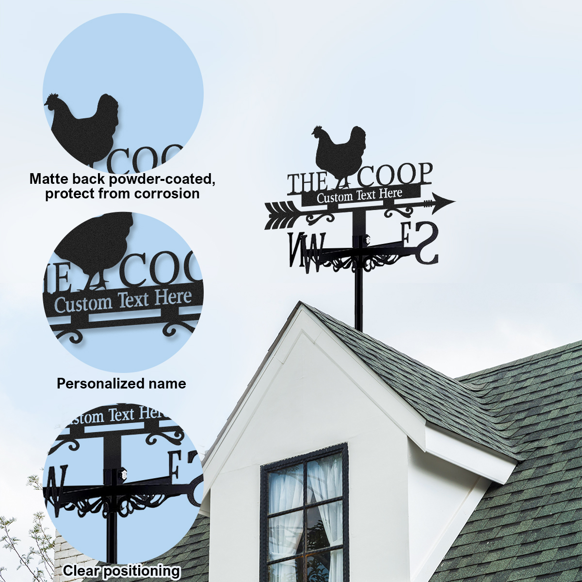 Personalized Chicken Coop Metal Weather Vane with Custom Text, Farmhouse Roof Wind Direction Indicator Outdoor Yard Barn Decor