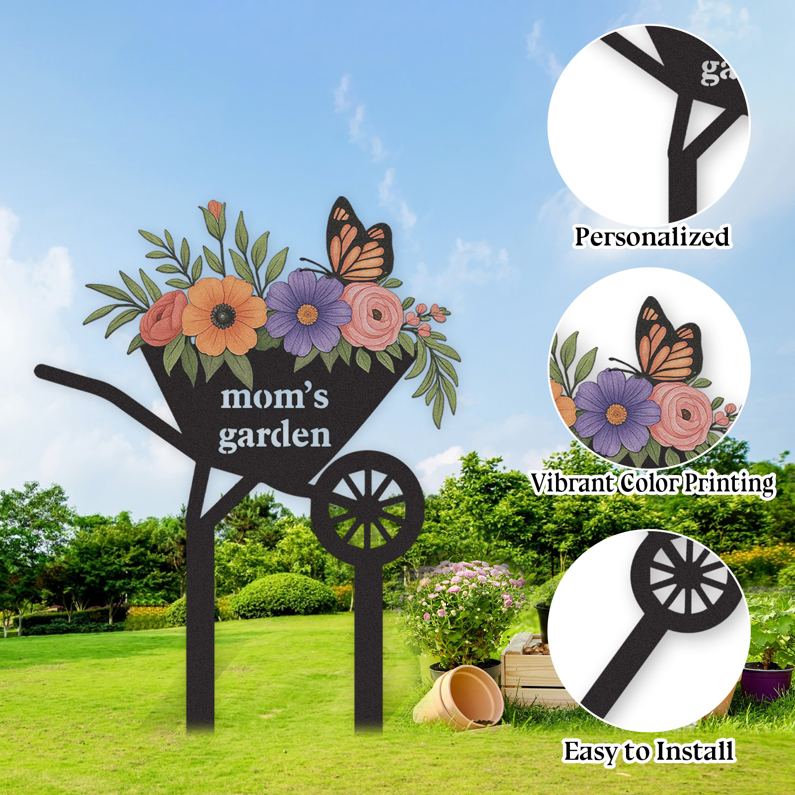 Personalized Garden Stake with Flowers and Butterfly, Custom Metal Wheelbarrow Garden Sign for Mom, Outdoor Garden Decor Yard Sign with Custom Text