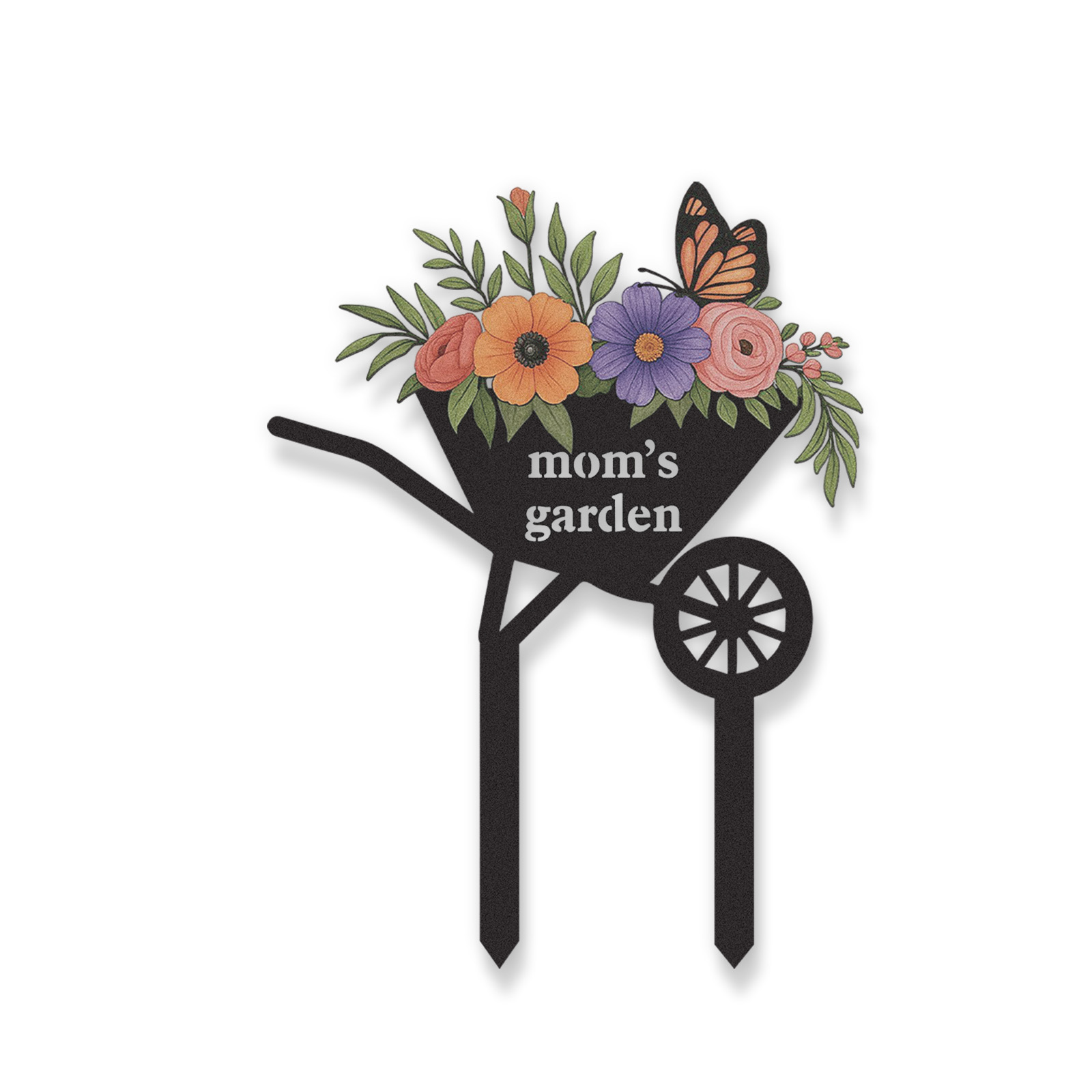 Personalized Garden Stake with Flowers and Butterfly, Custom Metal Wheelbarrow Garden Sign for Mom, Outdoor Garden Decor Yard Sign with Custom Text